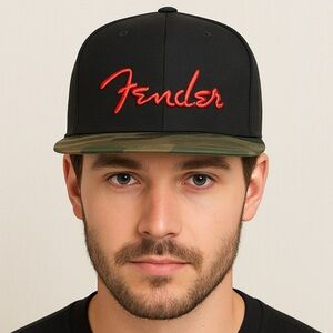 NWT Fender Black Hat Red Logo Camouflage Brim Flatbill SnapBack Hat, One Size